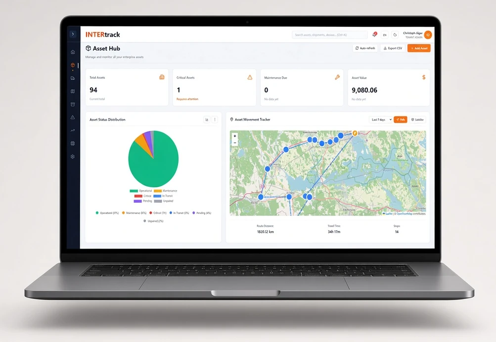 INTERtrack Asset Hub dashboard with asset status and live movement map
