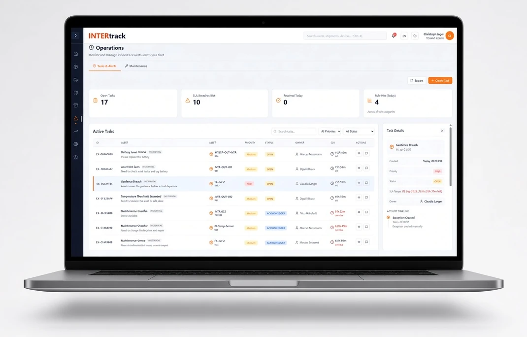 INTERtrack Operations screen with active tasks, SLA risk and exception detail